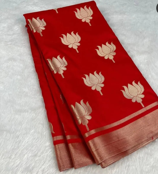 Semi katan silk kajol inspire red lotus banarasi saree