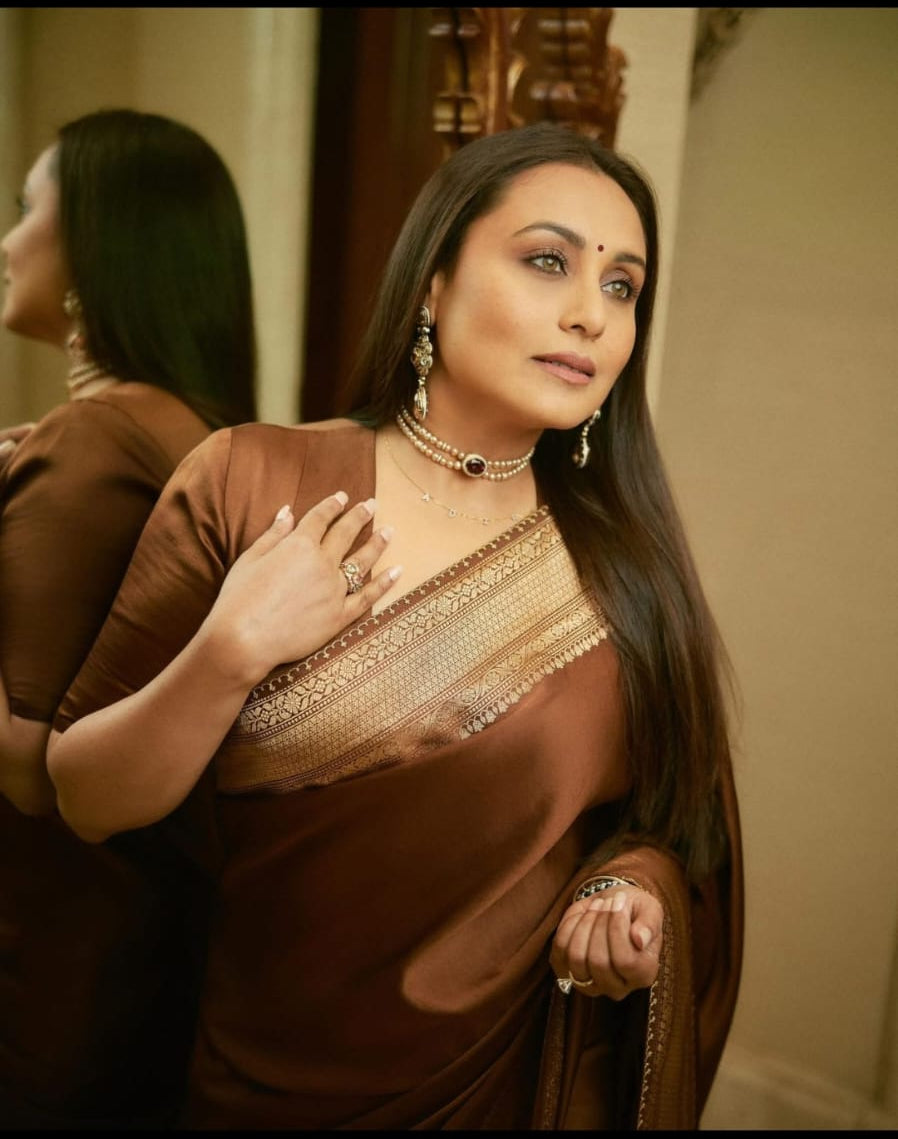 Premium mashru katan silk rani mukharji inspired coffee color saree price