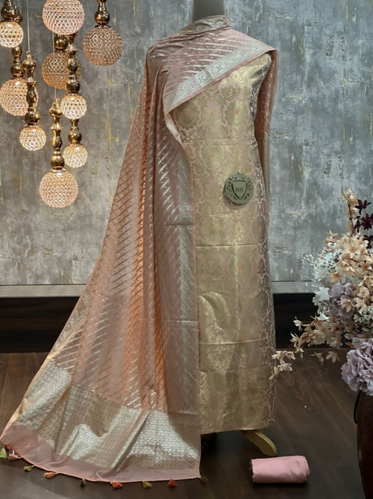Exclusive Banarasi Unstitched Salwar Kameez with Dupatta – Peach Gold
