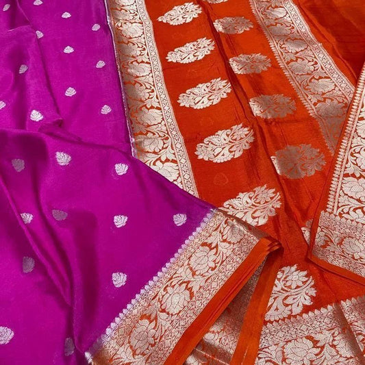 Semi Georgette Contrast Shade Kadua Pattern Buti Saree – Rani Pink & Sindoor Orange