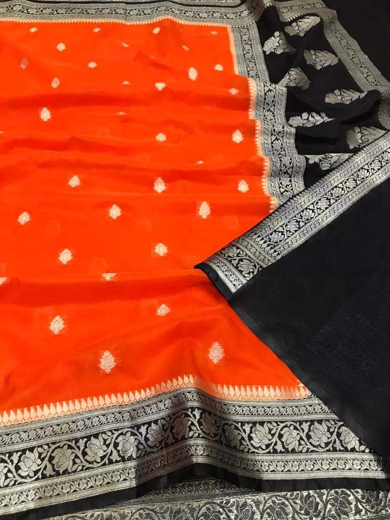 Semi Georgette Contrast Shade Kadua Pattern Buti Saree – Bright Orange & Classic Black