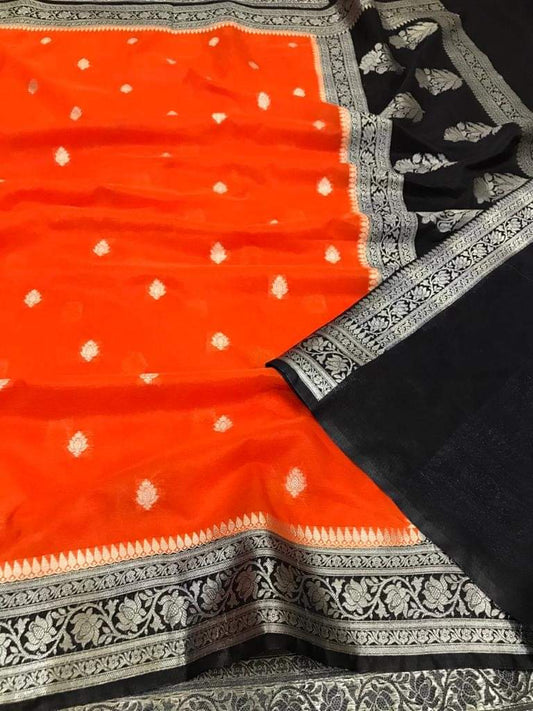 Semi Georgette Contrast Shade Kadua Pattern Buti Saree – Bright Orange & Classic Black