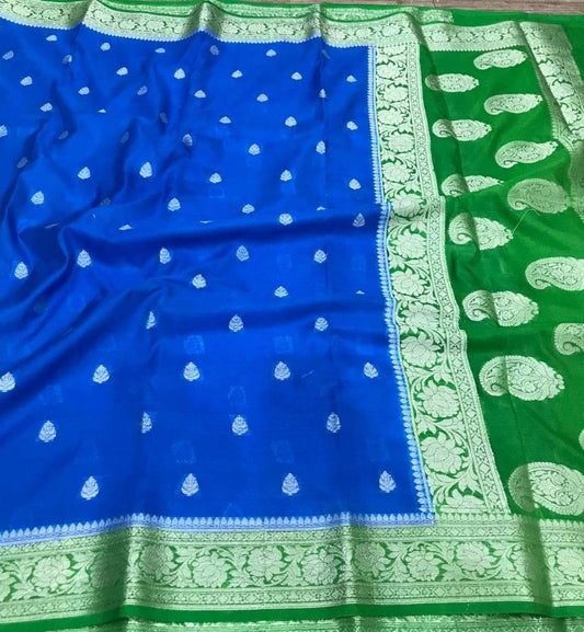 Semi Georgette Contrast Shade Kadua Pattern Buti Saree – Royal Blue & Parrot Green