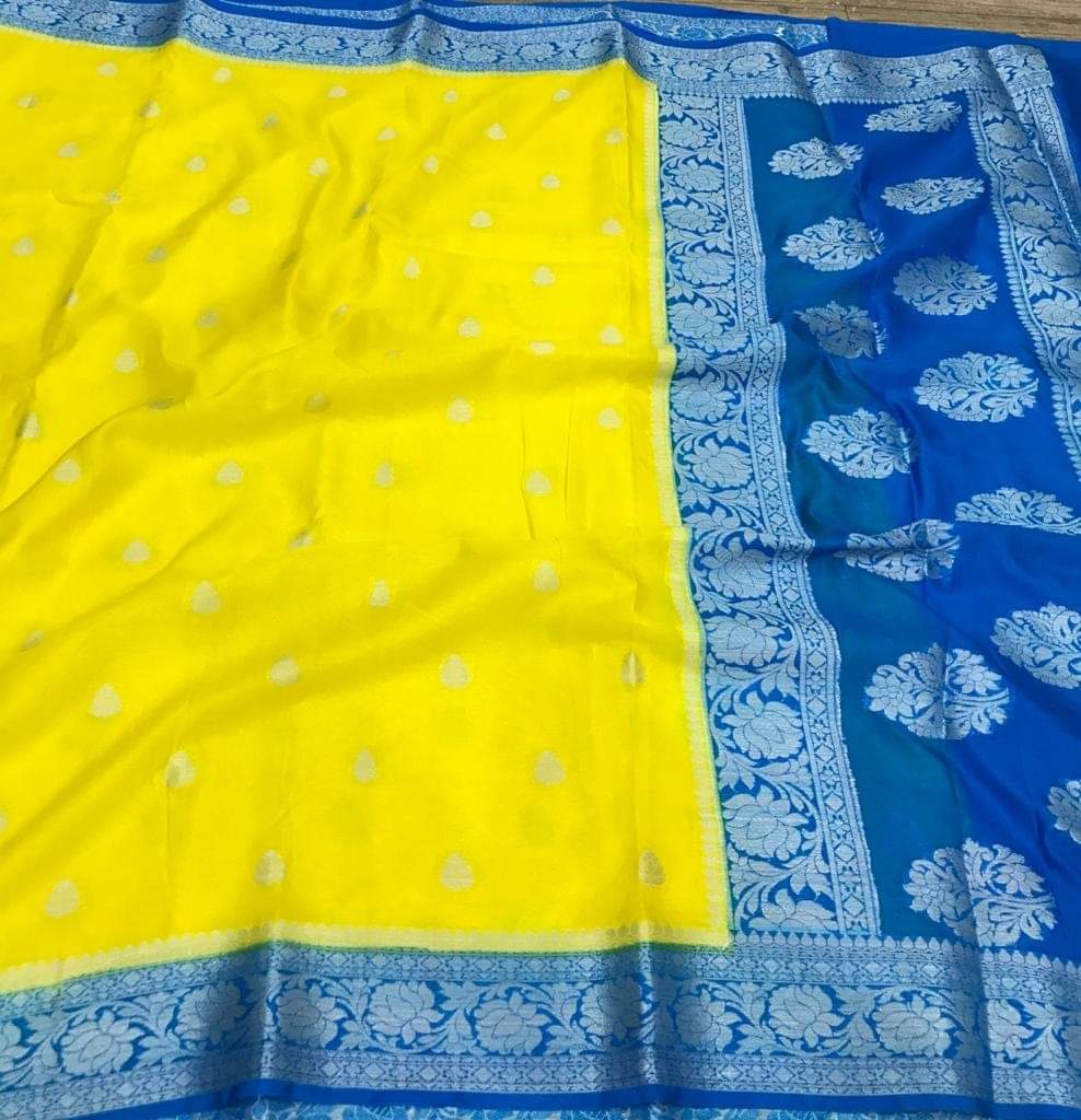 Semi Georgette Contrast Shade Kadua Pattern Buti Saree – Sunshine Yellow & Teal Blue