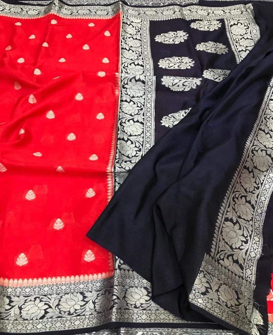 Semi Georgette Contrast Shade Kadua Pattern Buti Saree – Red & Midnight Black  Colour Description: