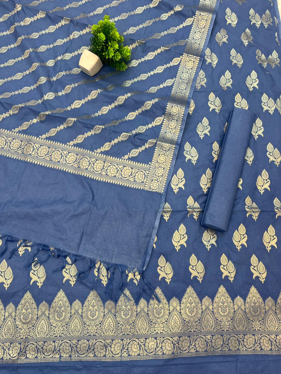 Katan Silk Suit with Zari Weaving – Steel Blue