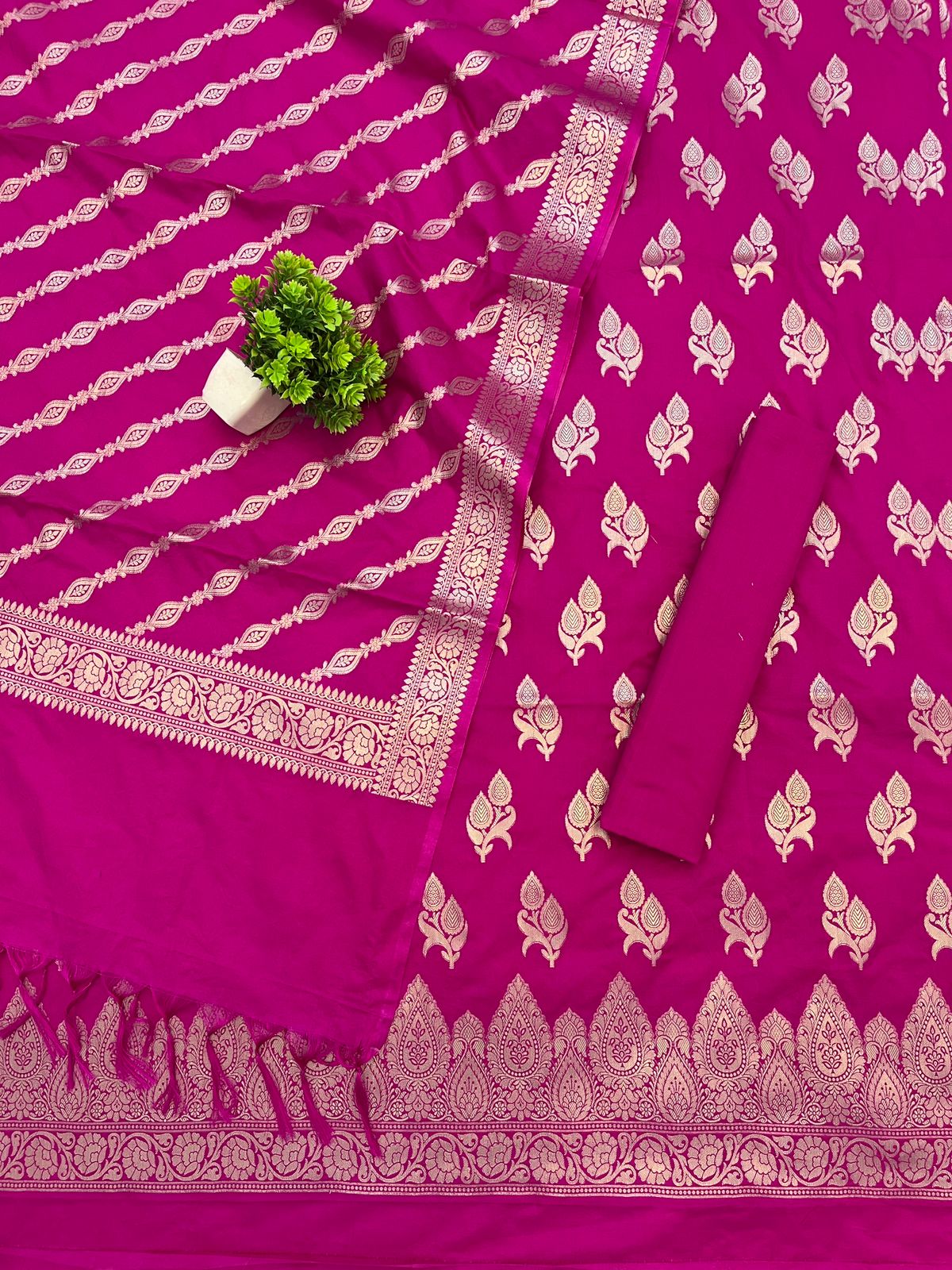 Katan Silk Suit with Zari Weaving – Rani Pink