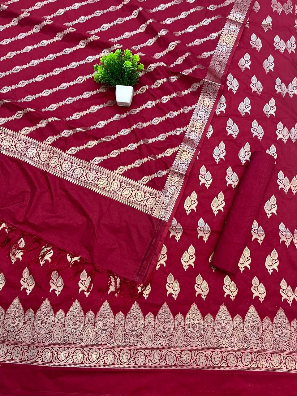 Katan Silk Suit with Zari Weaving – Deep Maroon