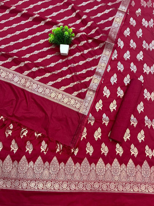 Katan Silk Suit with Zari Weaving – Deep Maroon