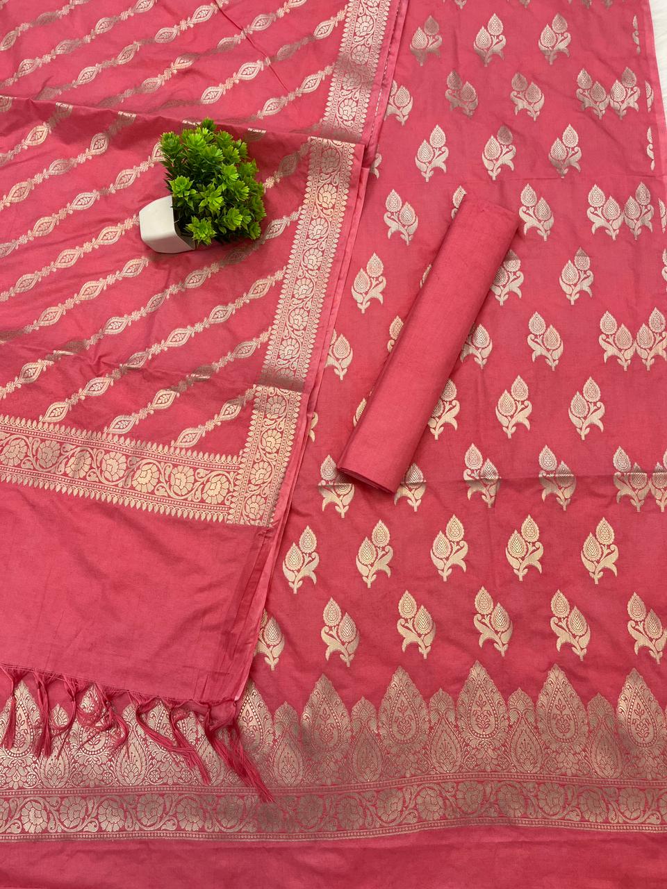 Katan Silk Suit with Zari Weaving – Coral Pink