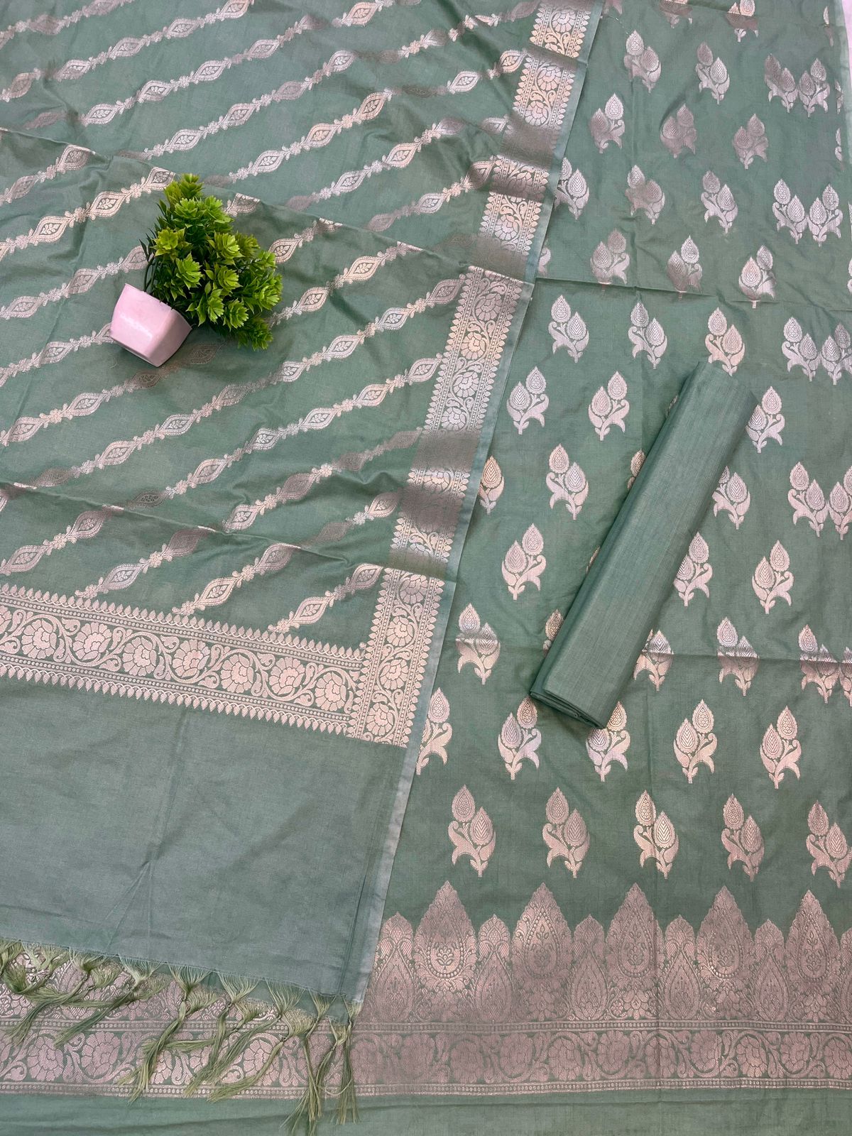 Katan Silk Suit with Zari Weaving – Sage Green