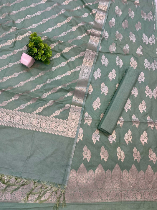 Katan Silk Suit with Zari Weaving – Sage Green
