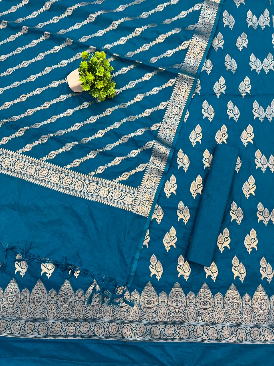 Katan Silk Suit with Zari Weaving – Teal Blue