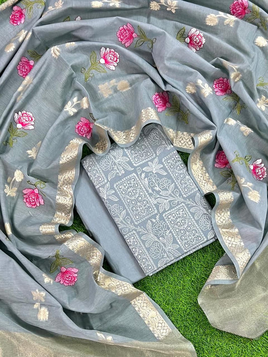 Mist Grey Elegance Banarasi Suit Set