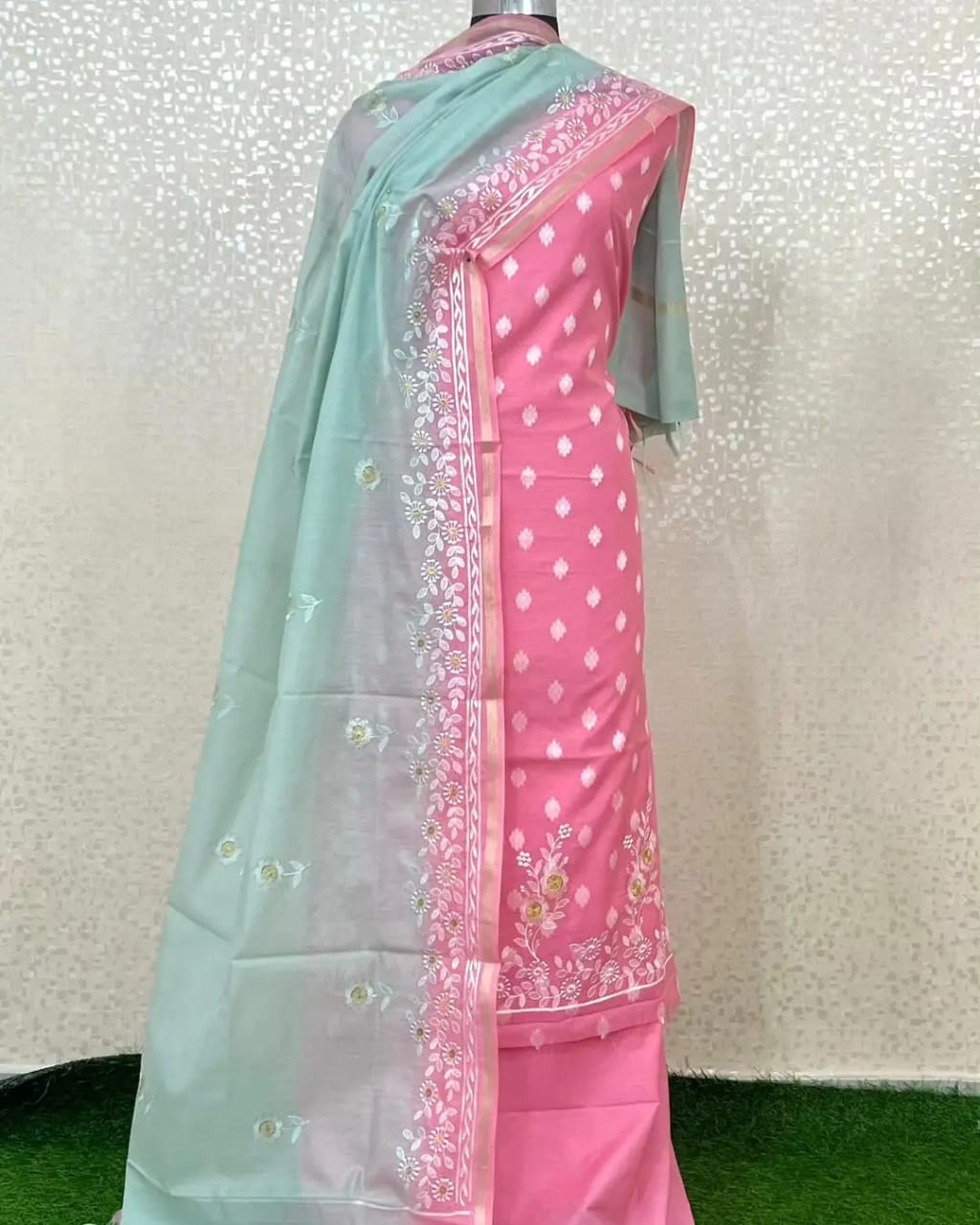 Exclusive Pink-Mint Banarasi Unstitched Salwar Kameez with Dupatta
