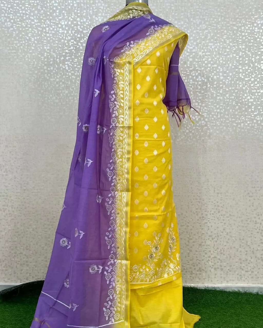 Exclusive Yellow-Purple Banarasi Unstitched Salwar Kameez with Dupatta