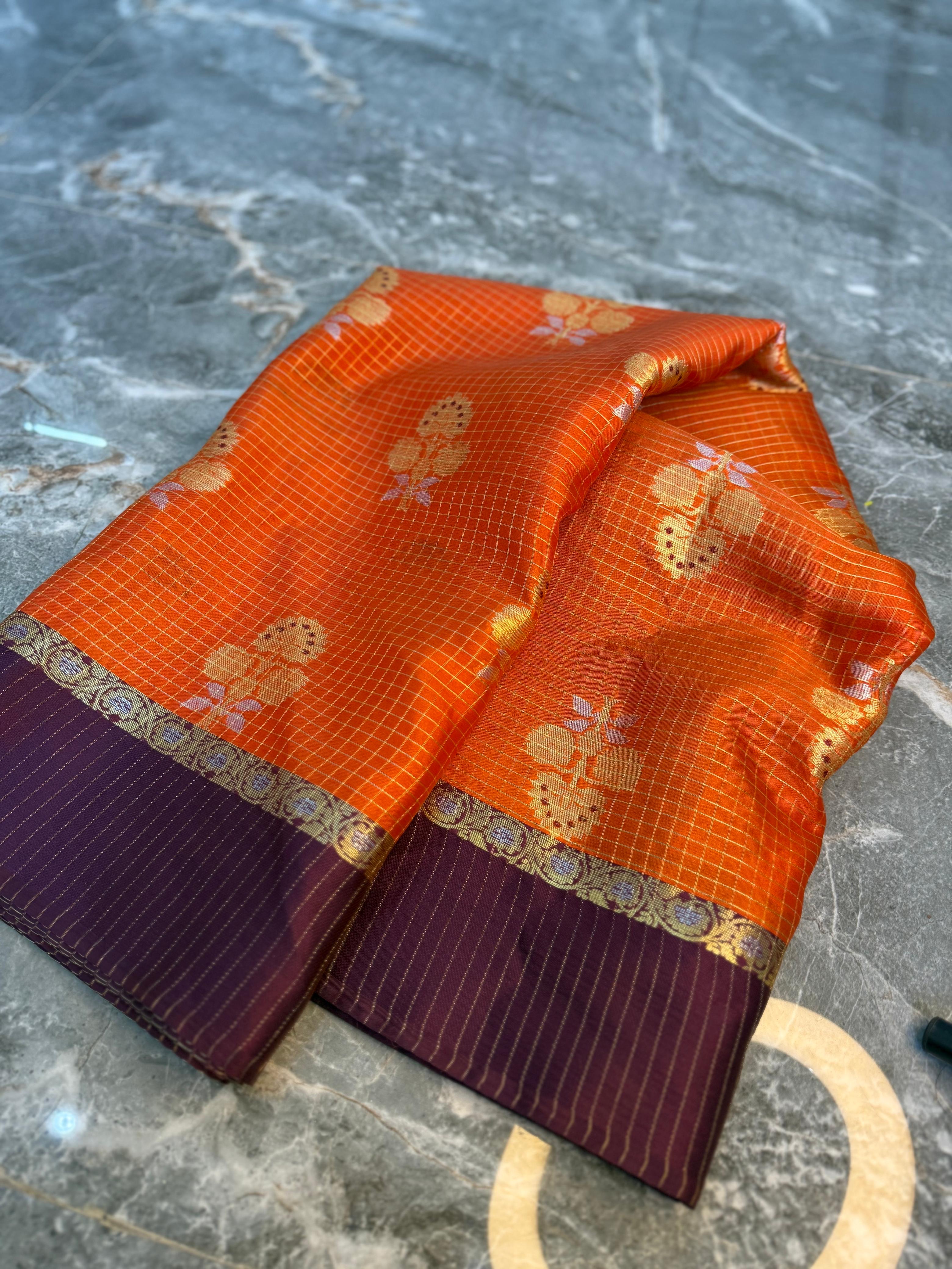 Banarasi Semi Katan Silk Orange Check Saree with Zari Buti Border