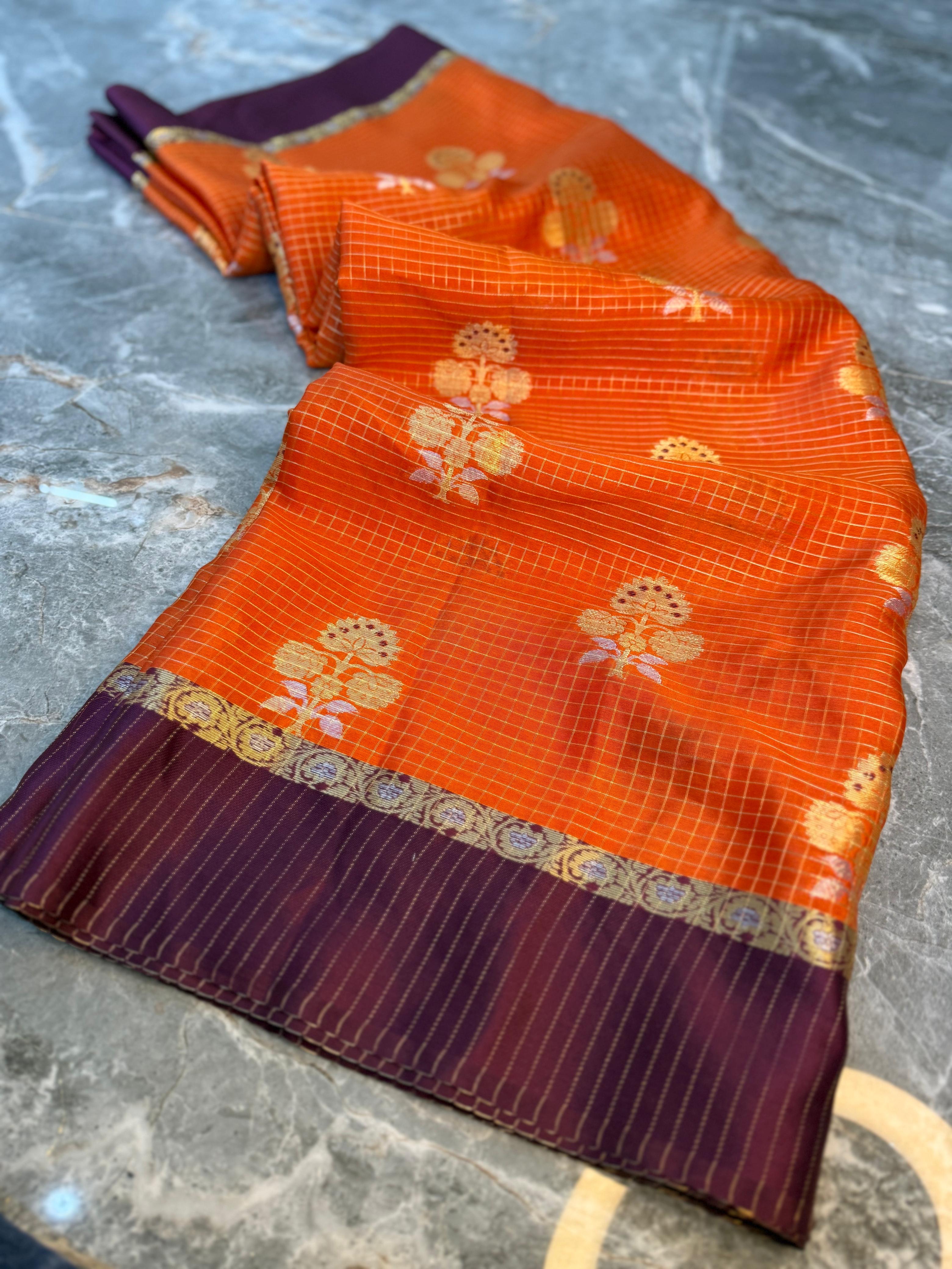 Banarasi Semi Katan Silk Orange Check Saree with Zari Buti Border