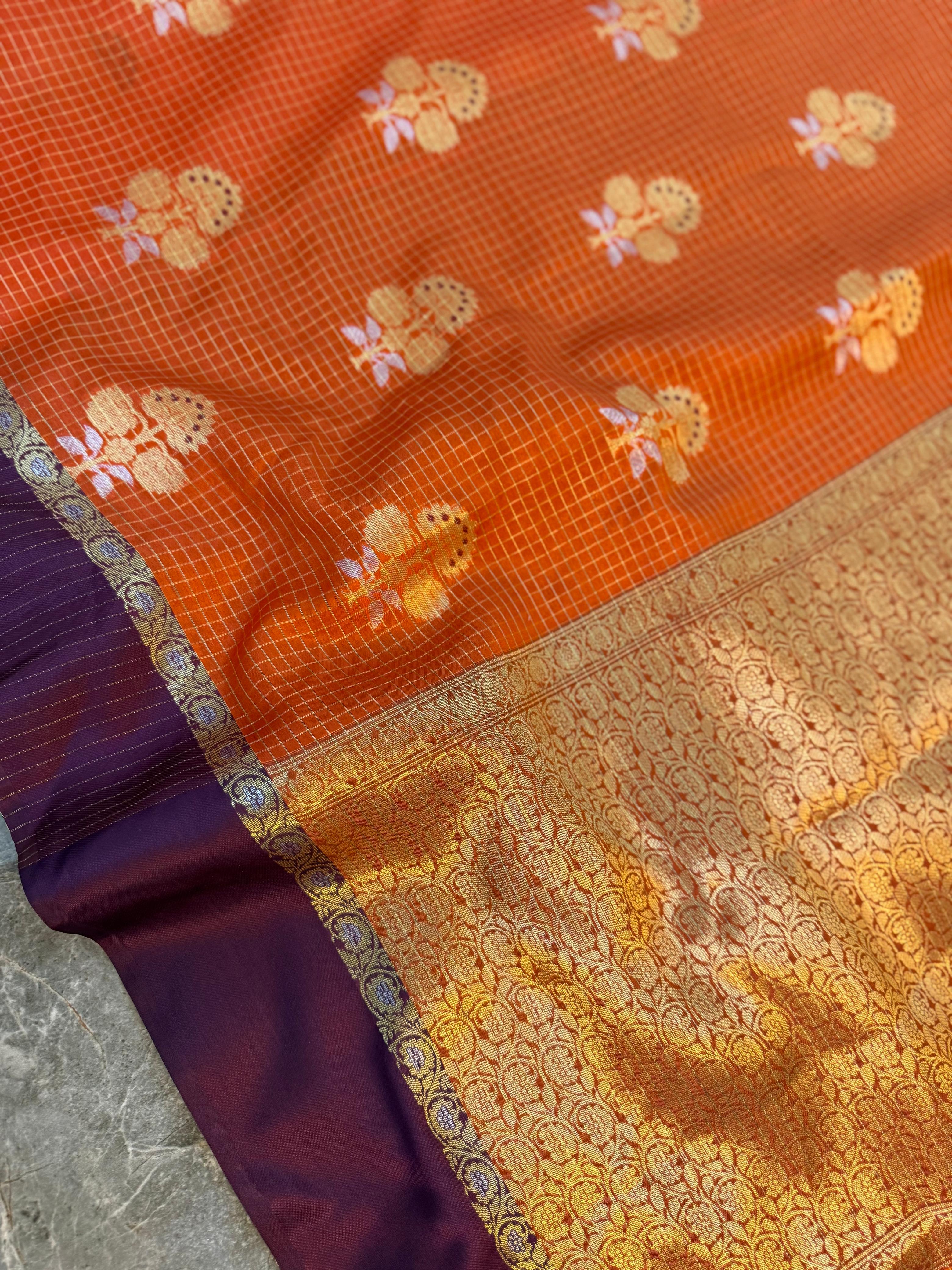 Banarasi Semi Katan Silk Orange Check Saree with Zari Buti Border