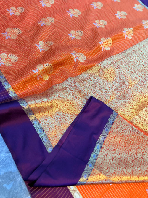 Banarasi Semi Katan Silk Orange Check Saree with Zari Buti Border