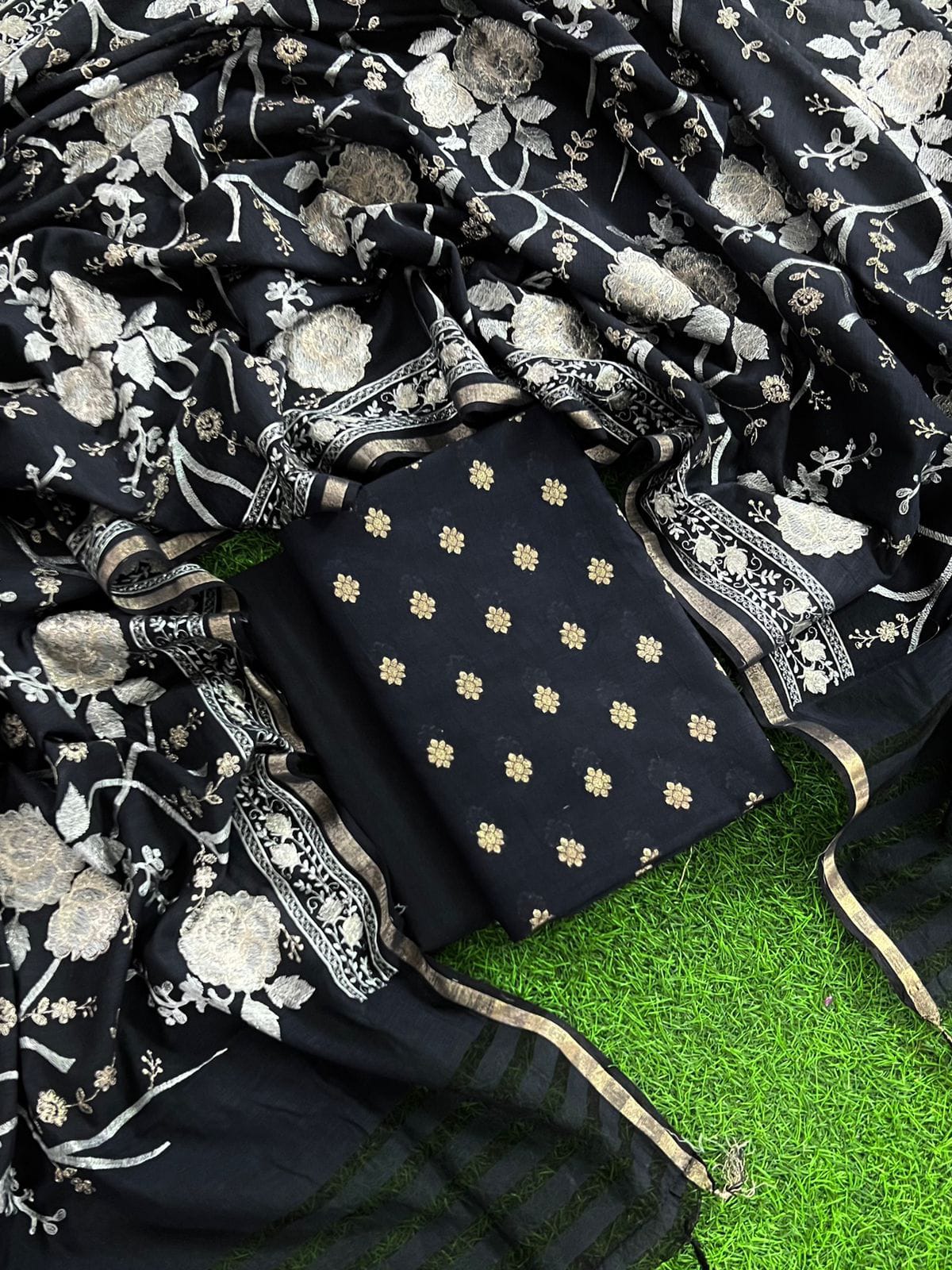 Black Banarasi Unstitched Salwar Kameez with Dupatta