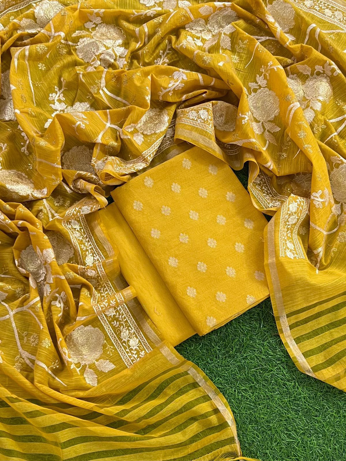 Mustard Yellow Banarasi Unstitched Salwar Kameez with Dupatta
