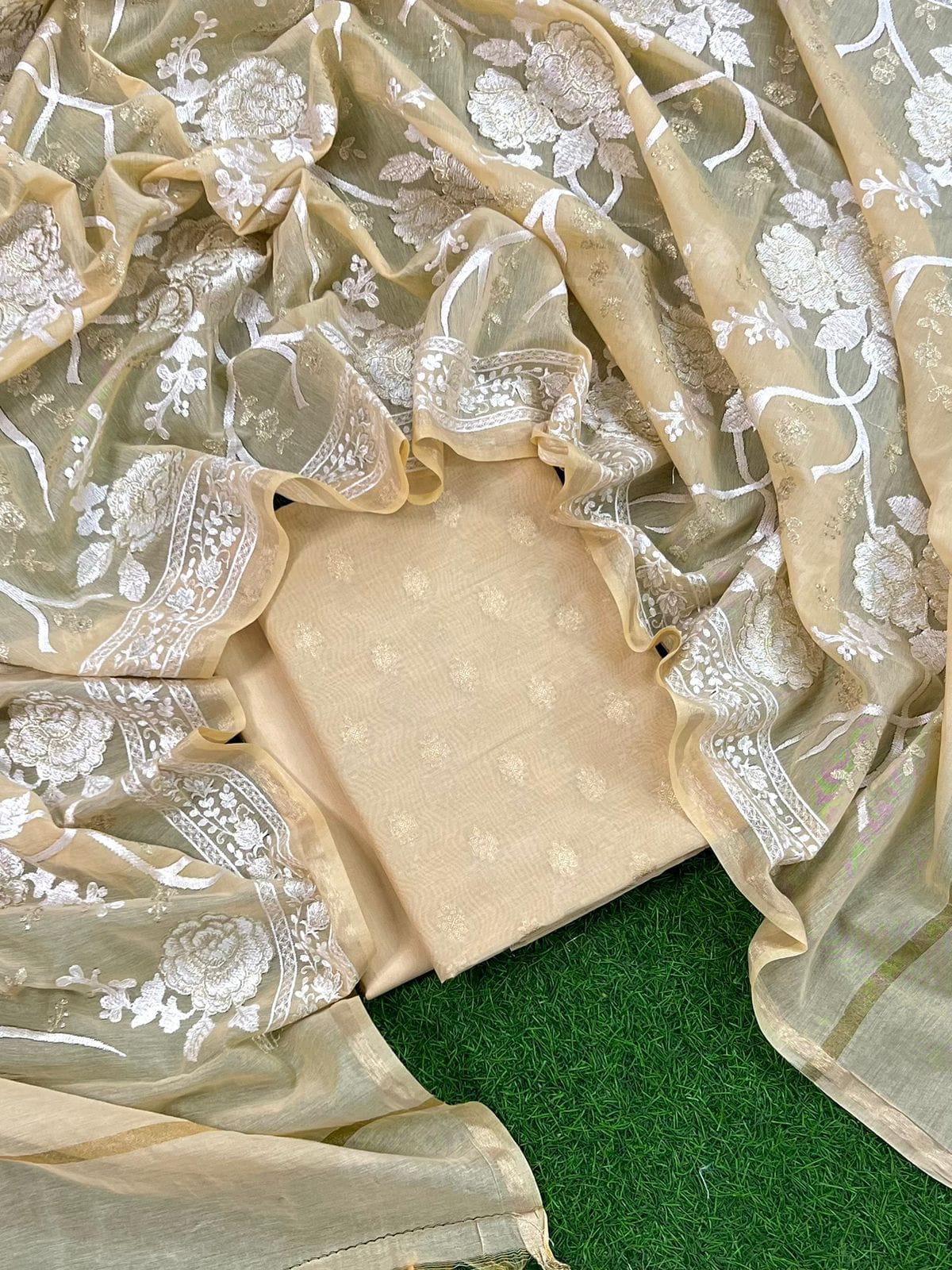 Peach Banarasi Unstitched Salwar Kameez with Dupatta