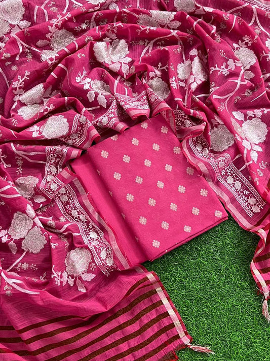 Pink Banarasi Unstitched Salwar Kameez with Dupatta