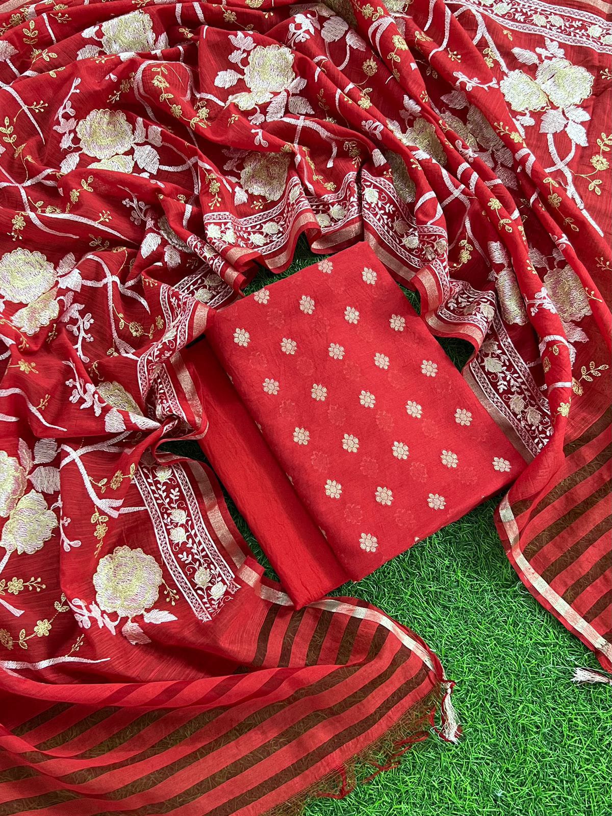 Red Banarasi Unstitched Salwar Kameez with Dupatta