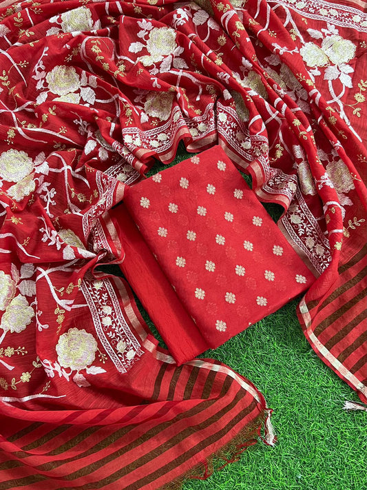 Red Banarasi Unstitched Salwar Kameez with Dupatta