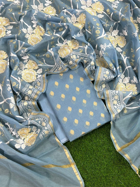 Steel Blue Banarasi Unstitched Salwar Kameez with Dupatta